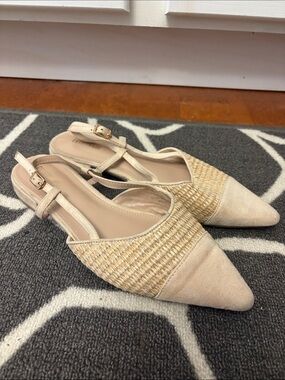Beige Woven Pointed-Toe Slingback Flats Women